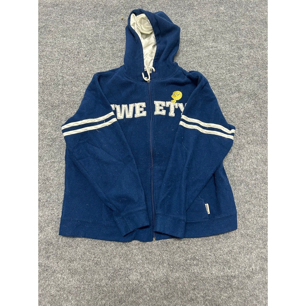 Looney Tunes Fleece Hoodie Womens Size L Blue Tweety Bird Zip Up Athletic Stripe